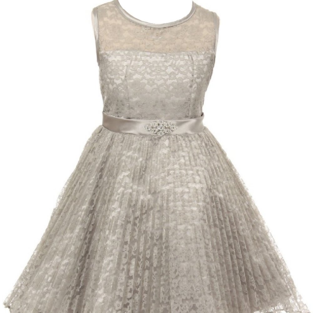 Flower Girl Dress Sleeveless Pleated Lace Holiday Party Easter Girl Skirt Silver